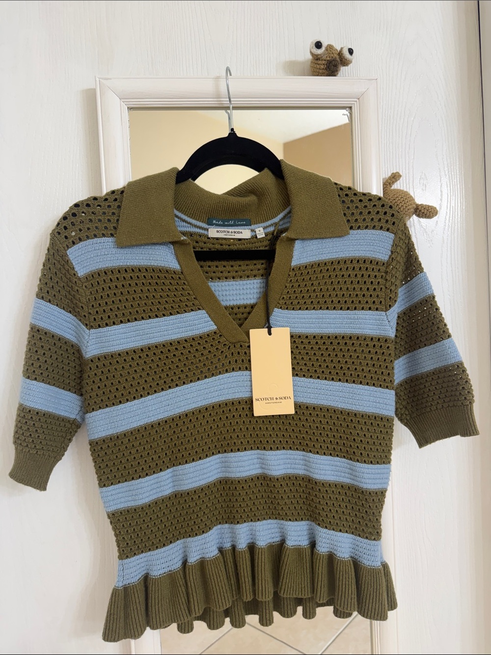 Scotch & Soda Olive Green and Light Blue Striped Openwork Polo Tee